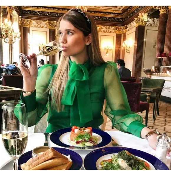 Zara Tops Zara Green Organza Blouse With Bow Semi Sheer Poshmark